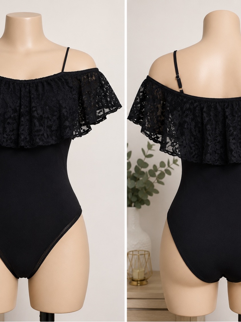 Black Lace Off Shoulder Bodysuit Size S NWT